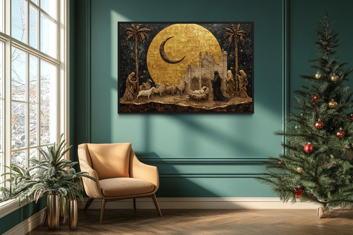 Holy Family And Shepherds Manger Scene Gold Nativity Christmas Wall Art