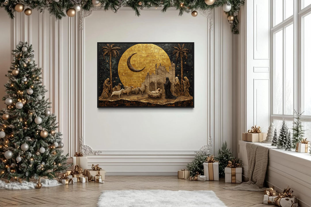 Holy Family And Shepherds Manger Scene Gold Nativity Christmas Wall Art