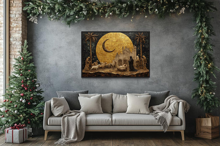 Holy Family And Shepherds Manger Scene Gold Nativity Christmas Wall Art