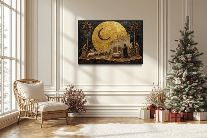 Holy Family And Shepherds Manger Scene Gold Nativity Christmas Wall Art