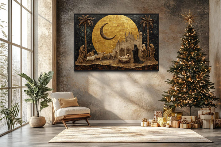 Holy Family And Shepherds Manger Scene Gold Nativity Christmas Wall Art