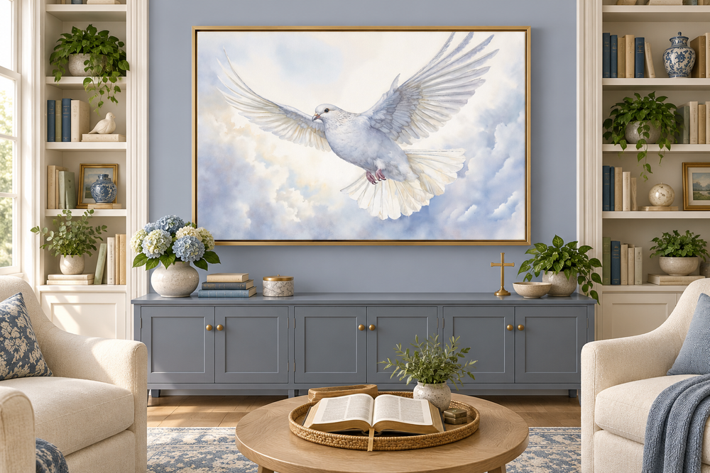 Holy Spirit wall art featuring a white dove in flight over soft clouds in a gold frame.