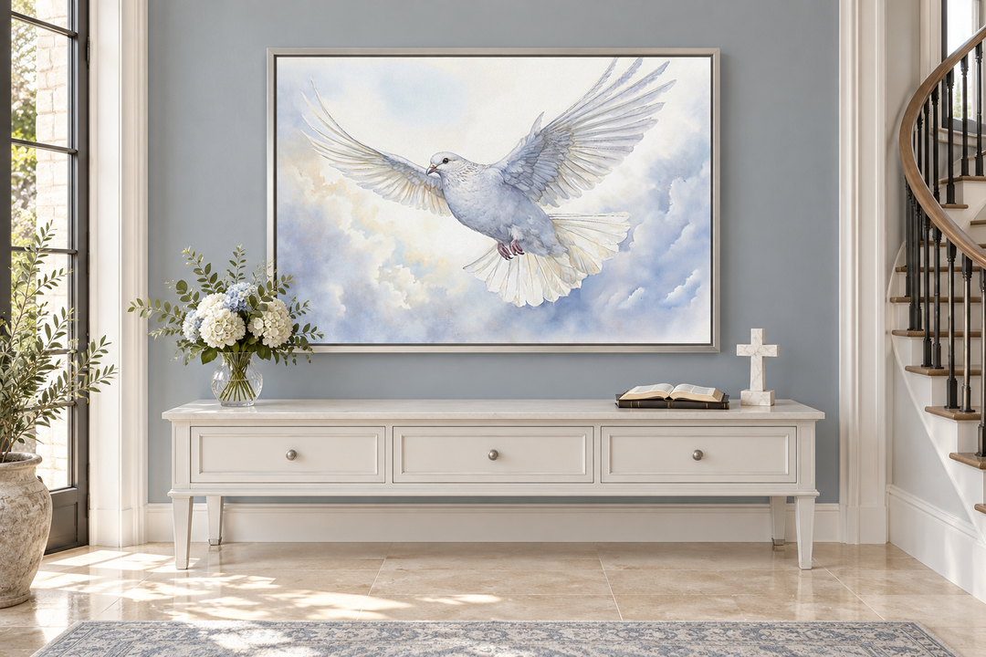 Holy Spirit wall art featuring a white dove flying through luminous clouds in a silver frame.