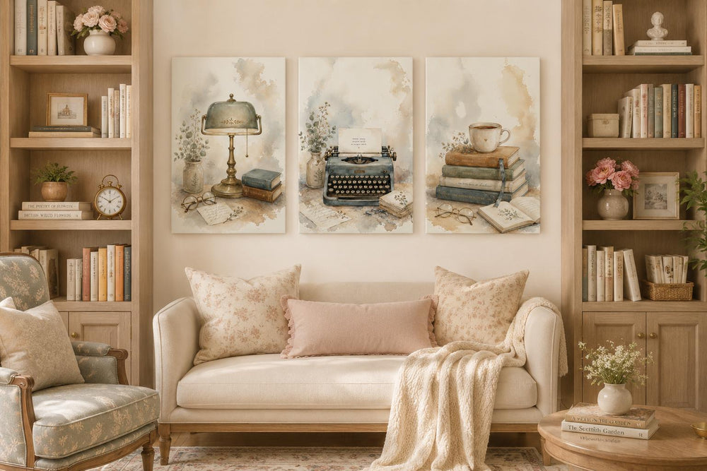 Three-piece watercolor canvas set featuring a vintage lamp, typewriter, and stacked books.