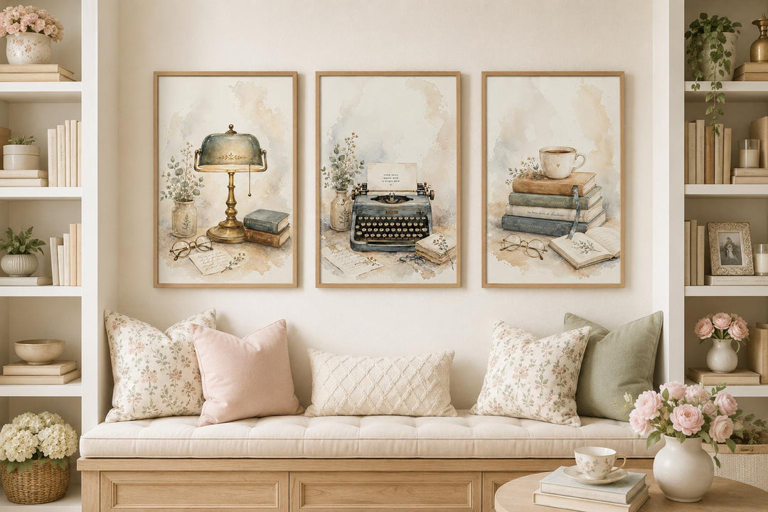 Set of 3 watercolor prints featuring a vintage lamp, typewriter, and stacked books in a cozy nook.