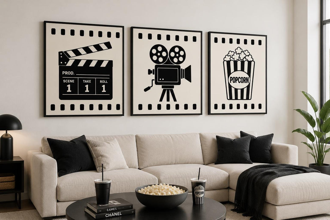 3-piece black and white movie room canvas set featuring a clapperboard, camera, and popcorn box.