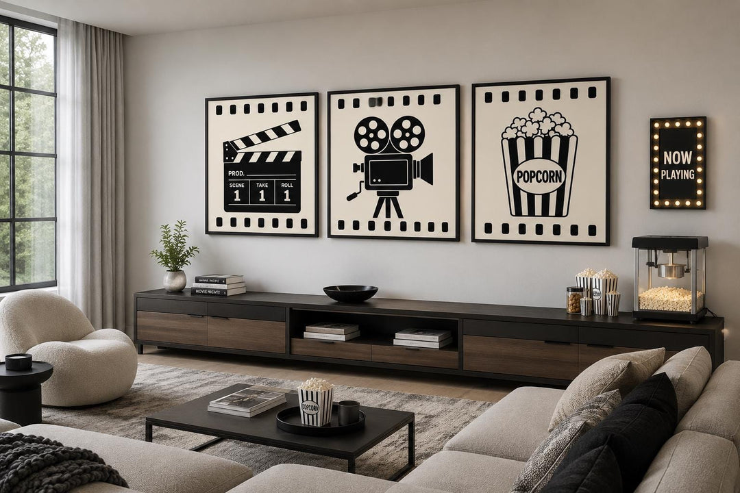 3-piece black and white canvas set featuring a clapperboard, vintage camera, and popcorn box icons.