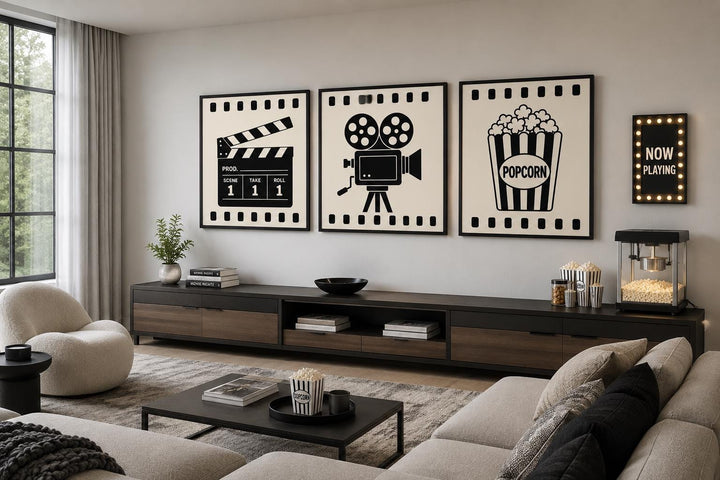3-piece black and white canvas set featuring a clapperboard, vintage camera, and popcorn box icons.