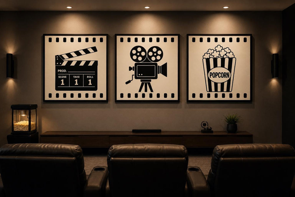 3-piece black and white canvas set featuring a clapperboard, film camera, and popcorn box icons.