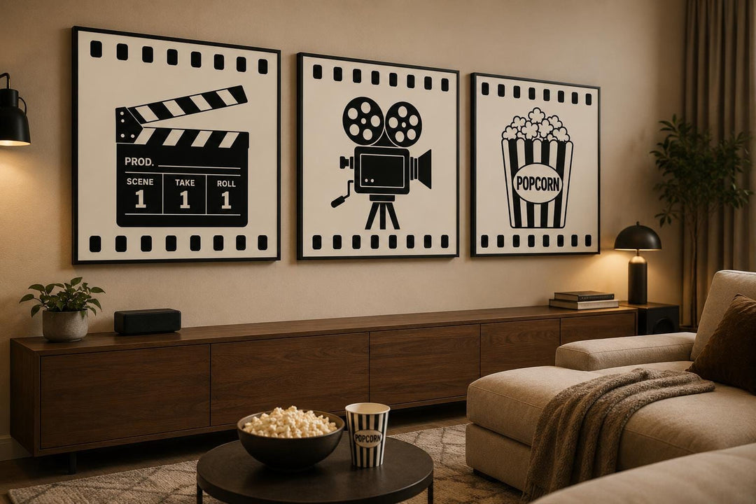 3-piece black and white movie room canvas set featuring a clapperboard, camera, and popcorn box.