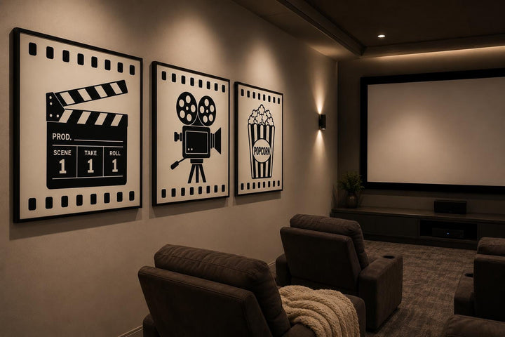 Three-piece black and white canvas set featuring a clapperboard, film camera, and popcorn box.
