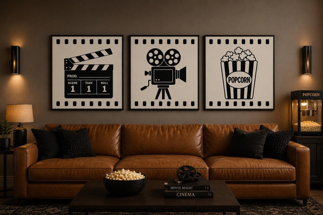 Three-piece black and white canvas set featuring a clapperboard, film camera, and popcorn box.
