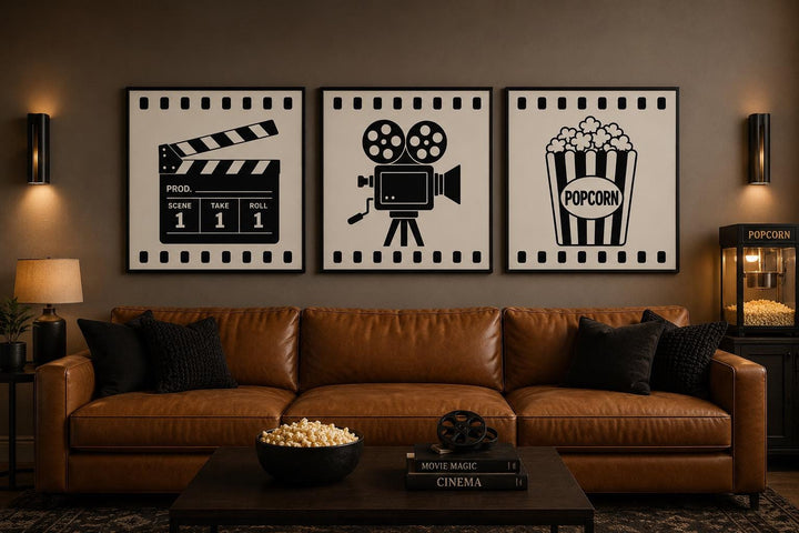 Three-piece black and white canvas set featuring a clapperboard, film camera, and popcorn box.