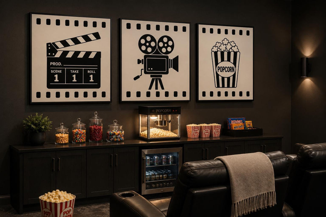 Three-piece black and white canvas wall art set featuring a clapperboard, camera, and popcorn box.