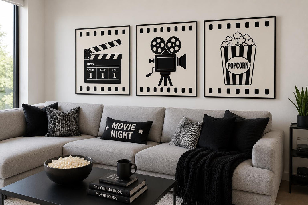 3-piece black and white movie room canvas set with clapperboard, camera, and popcorn icons.