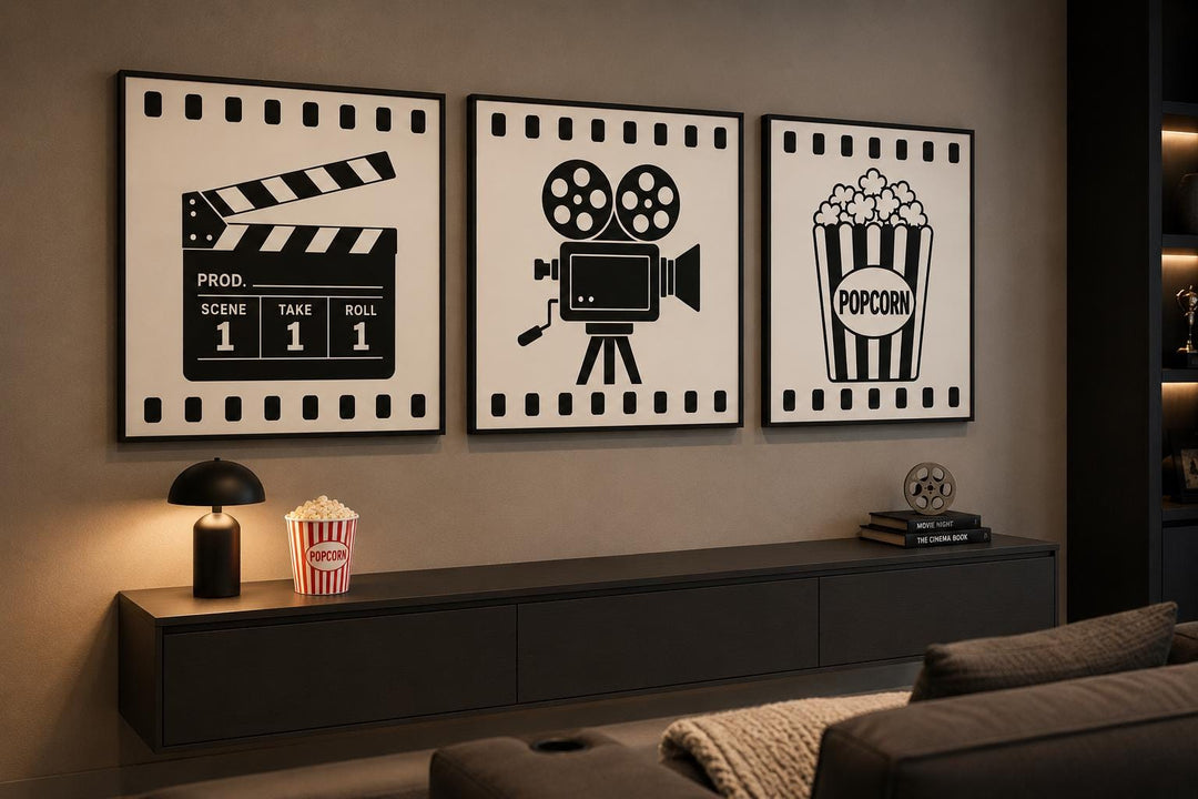 Three-piece black and white canvas wall art set featuring a clapperboard, camera, and popcorn box.