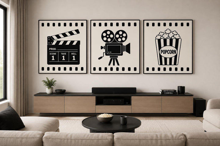 3-piece black and white movie room canvas set featuring a clapperboard, film camera, and popcorn.