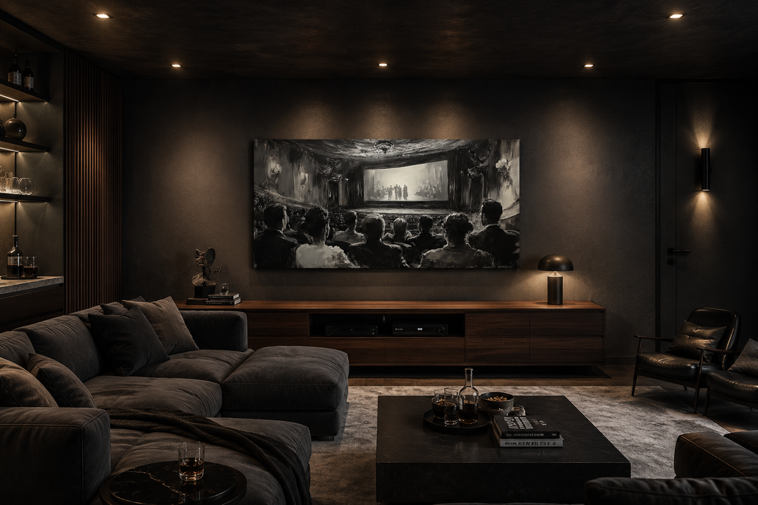 Black and white canvas art of a vintage cinema audience in a dark, modern home theater room.