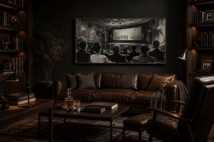 Black and white framed canvas painting of a vintage cinema audience in a dark home theater room.