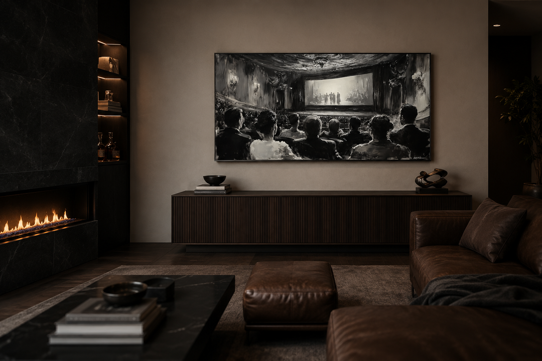 Black and white antique cinema painting on a wall above a dark wood console in a modern living room.