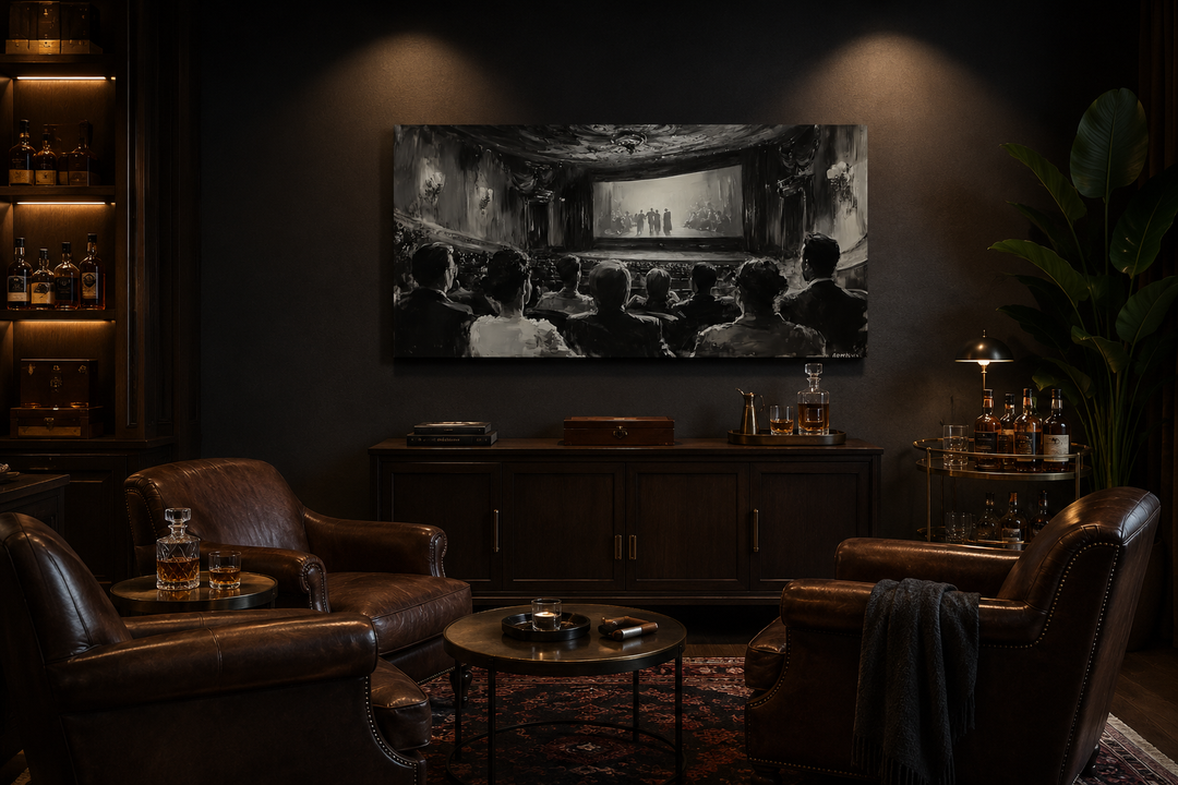 Black and white canvas art of a vintage cinema audience in a dark, sophisticated home theater room.