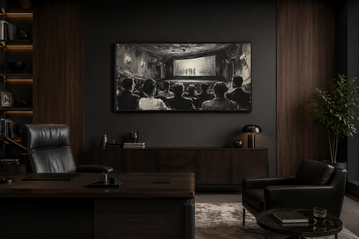 Black and white framed canvas of a vintage cinema audience in a dark, modern office setting.