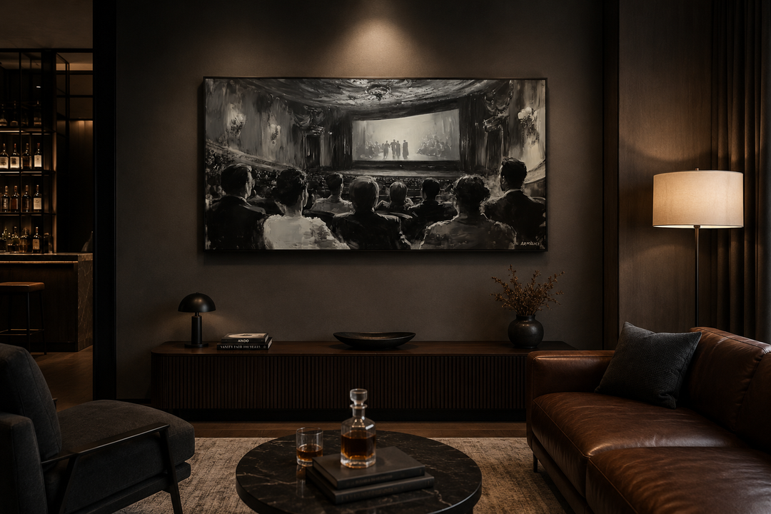Black and white framed canvas print of a vintage cinema audience in a dark home theater setting.