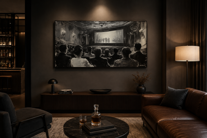 Black and white framed canvas print of a vintage cinema audience in a dark home theater setting.