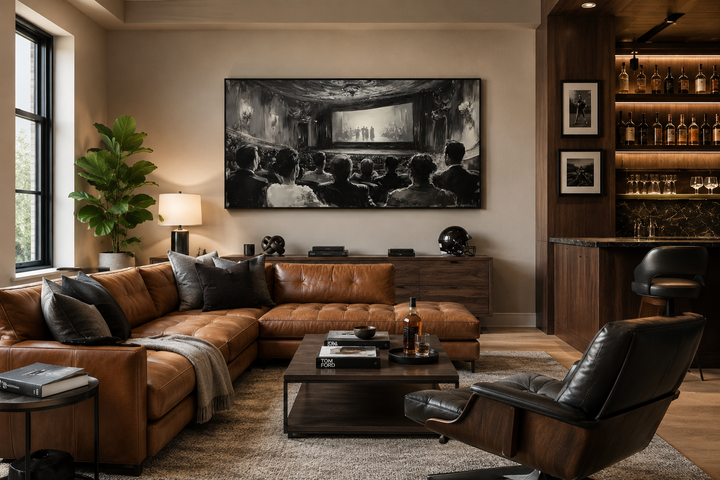 Black and white canvas art of a vintage cinema audience in a modern home theater living room.