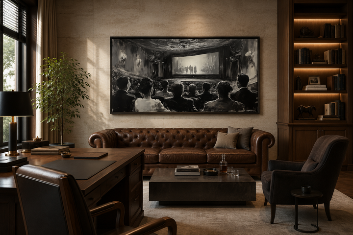 Black and white framed canvas of a vintage cinema audience in a classic home theater setting.