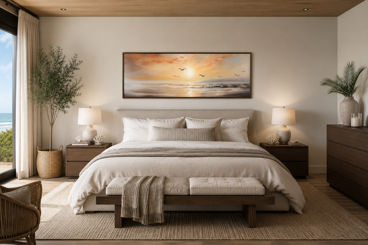Narrow horizontal wall art of a gold and silver beach sunset with birds above a bed.