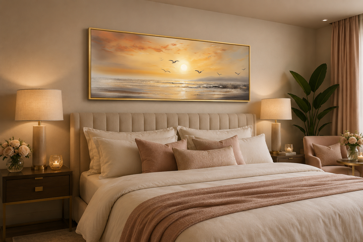 Gold and silver beach sunset seascape with birds narrow horizontal wall art above a bed.