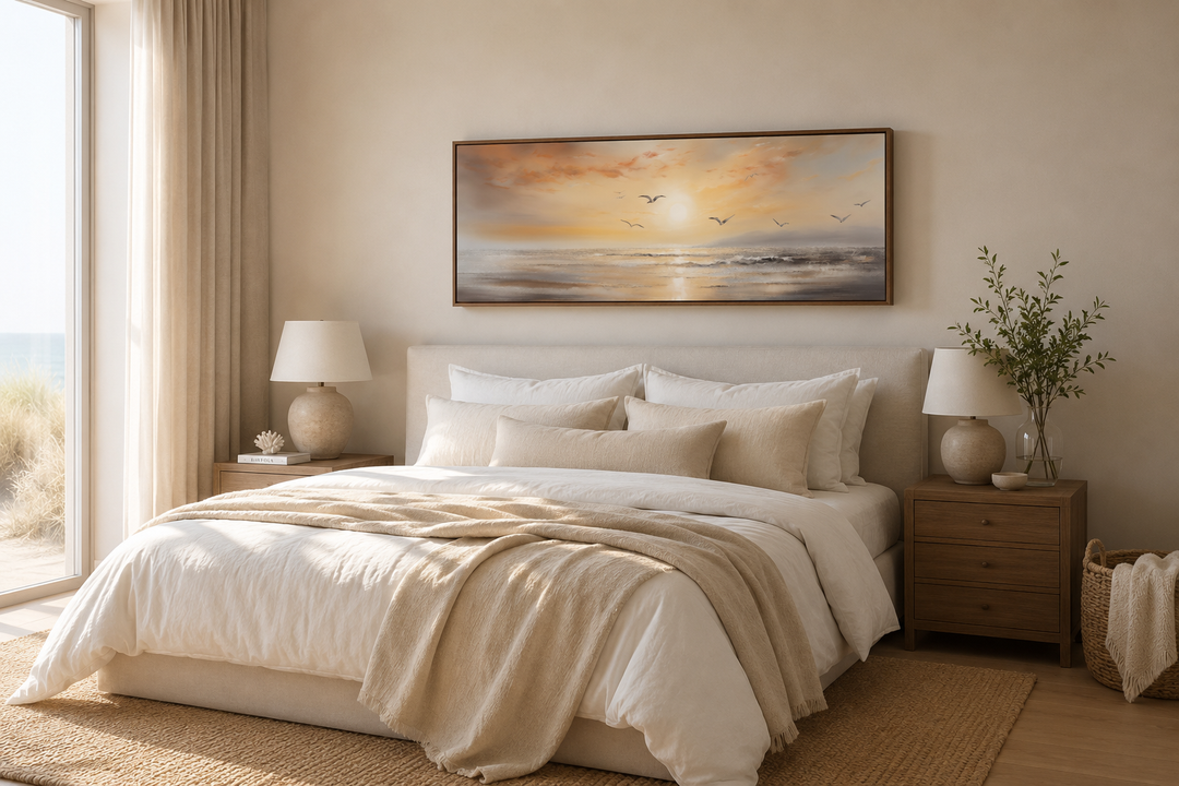 Narrow horizontal wall art of a gold and silver beach sunset with birds hanging above a bed.