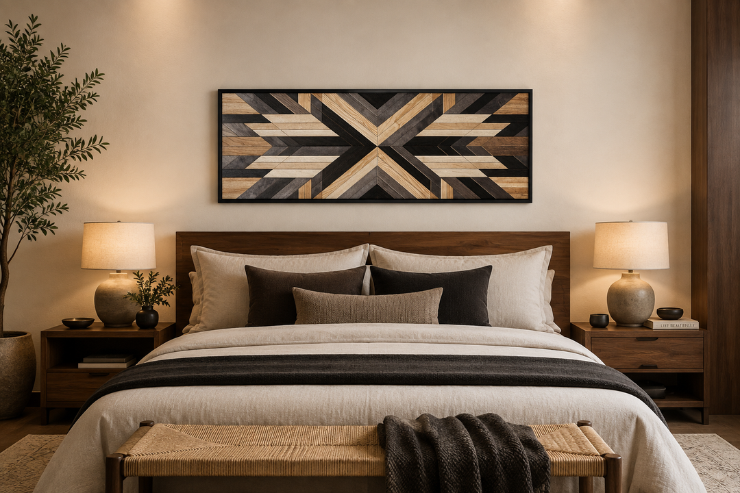 Horizontal Aztec-inspired geometric wood-style canvas art hanging above a bed in a neutral bedroom.