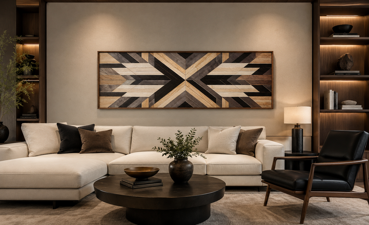 Horizontal Aztec inspired geometric wood panel style canvas wall art in a modern living room.