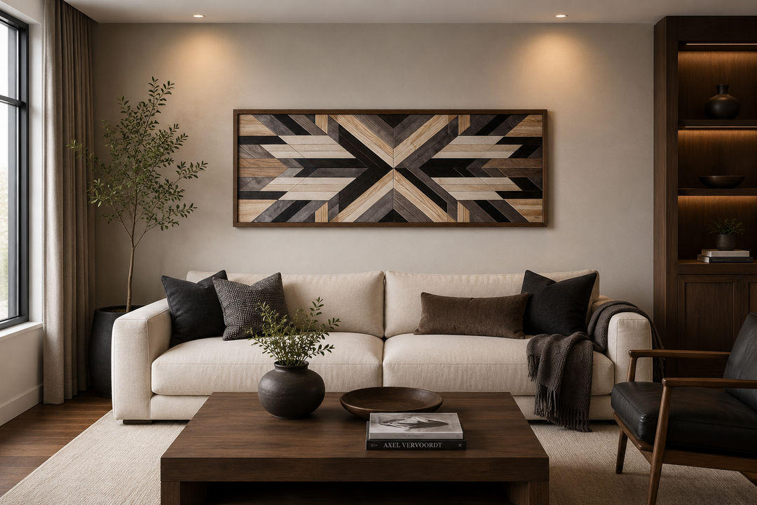 Aztec inspired geometric wood painting canvas print above a sofa in a modern living room.