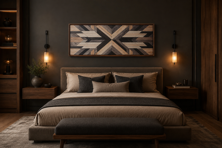 Horizontal Aztec inspired wood painting canvas wall art with geometric design over a bed.