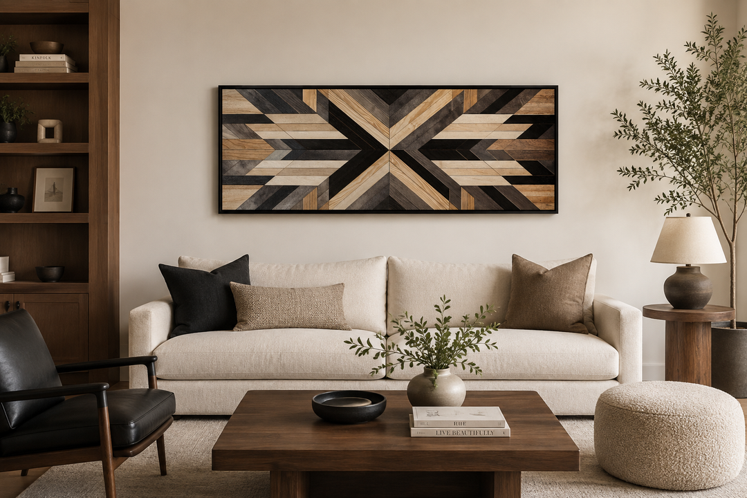 Horizontal Aztec-inspired wood painting canvas wall art with geometric patterns in neutral tones.