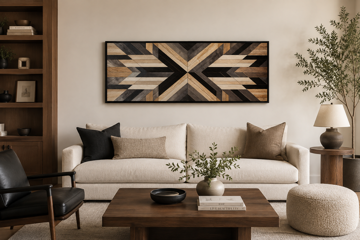 Horizontal Aztec-inspired wood painting canvas wall art with geometric patterns in neutral tones.