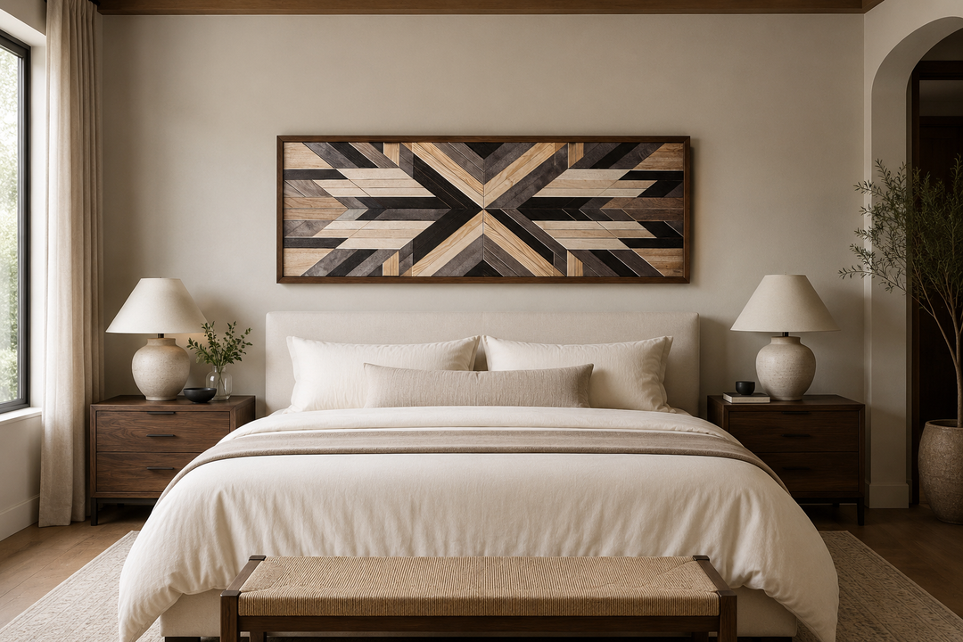 Horizontal Aztec-inspired geometric wood panel style canvas art hanging above a bed.