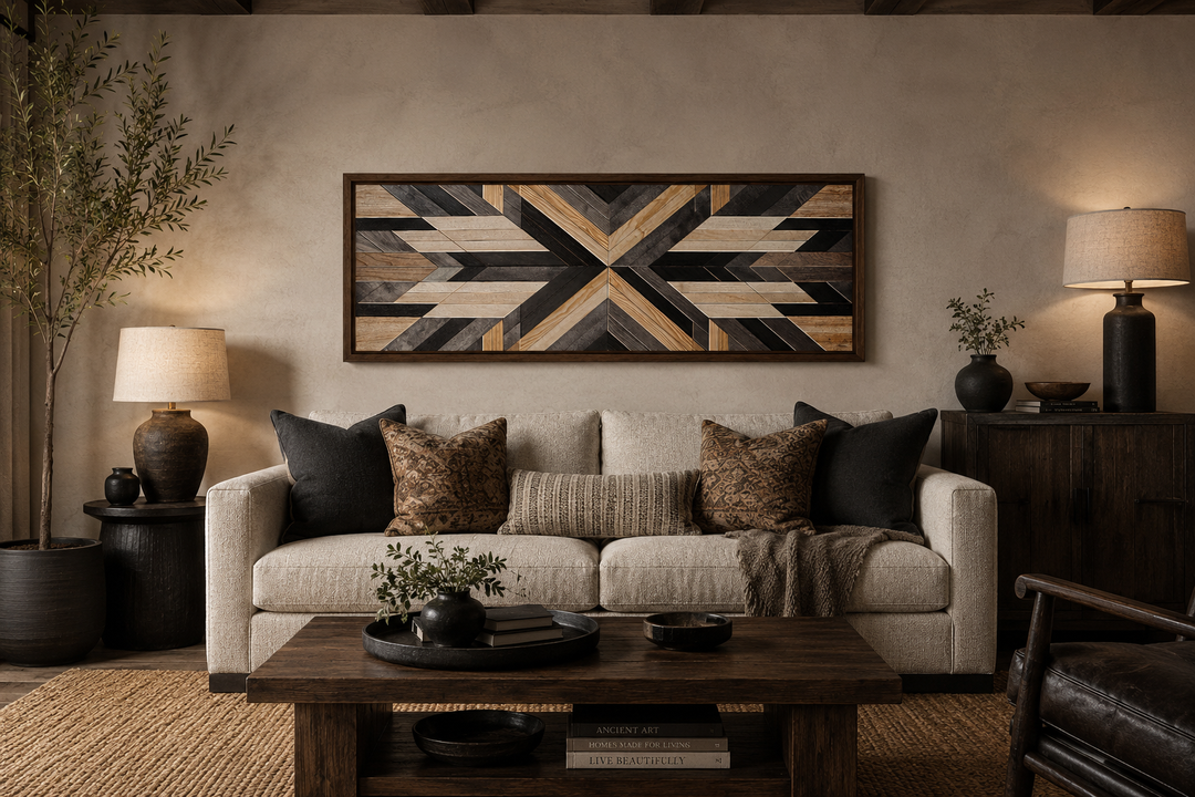Horizontal Aztec inspired wood painting canvas wall art with geometric patterns over a sofa.