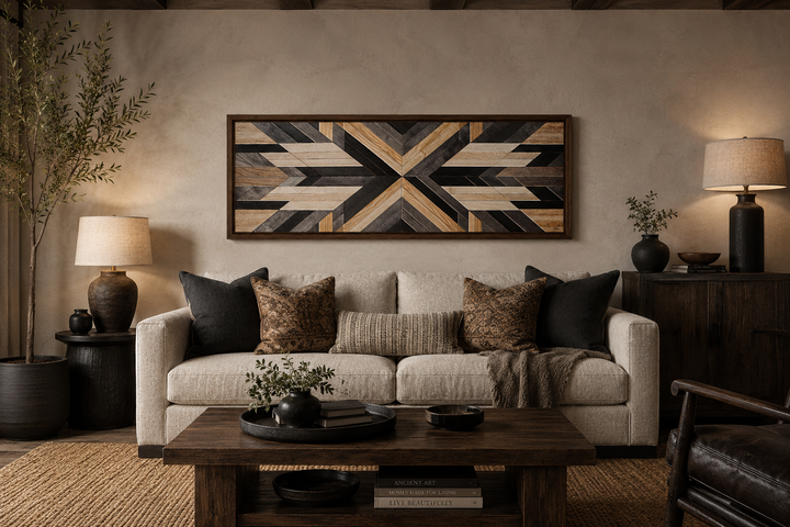 Horizontal Aztec inspired wood painting canvas wall art with geometric patterns over a sofa.