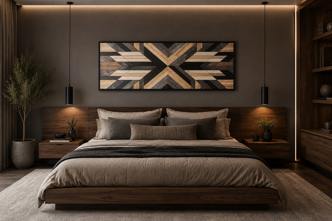 Horizontal Aztec inspired geometric wood-style canvas wall art above a bed in a modern room.