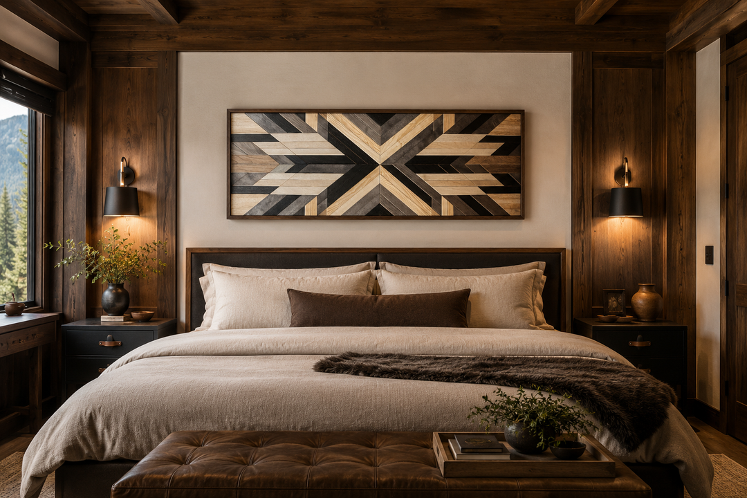 Horizontal Aztec-inspired geometric wood panel canvas art above a bed in a rustic bedroom.