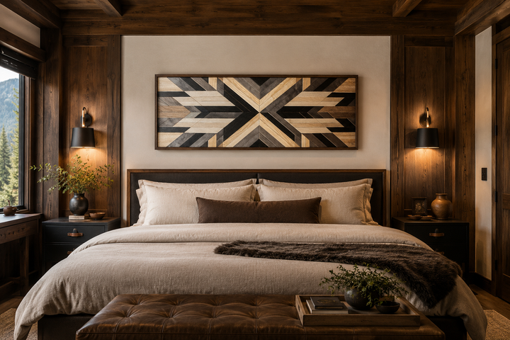 Horizontal Aztec-inspired geometric wood panel canvas art above a bed in a rustic bedroom.