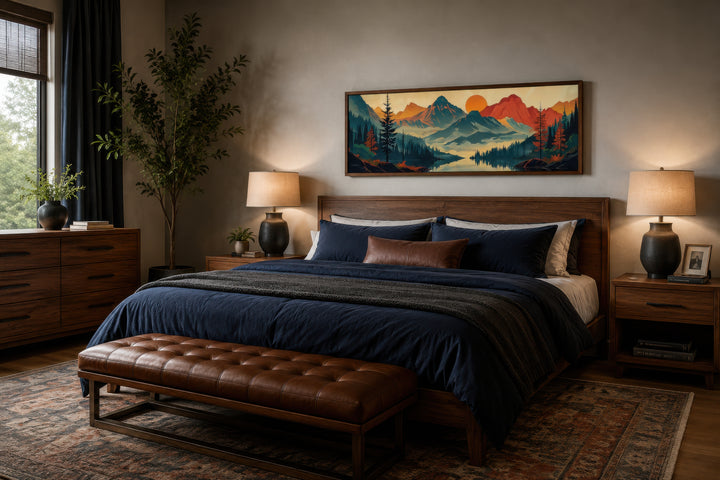Mountains, forest, and lake mid-century modern horizontal landscape canvas wall art above a bed.