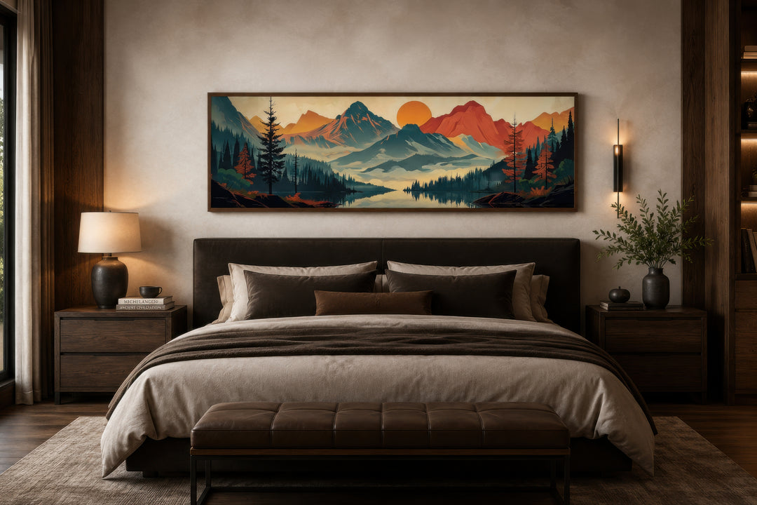 Mid-century modern horizontal canvas art of mountains, forest, and lake hanging above a bed.