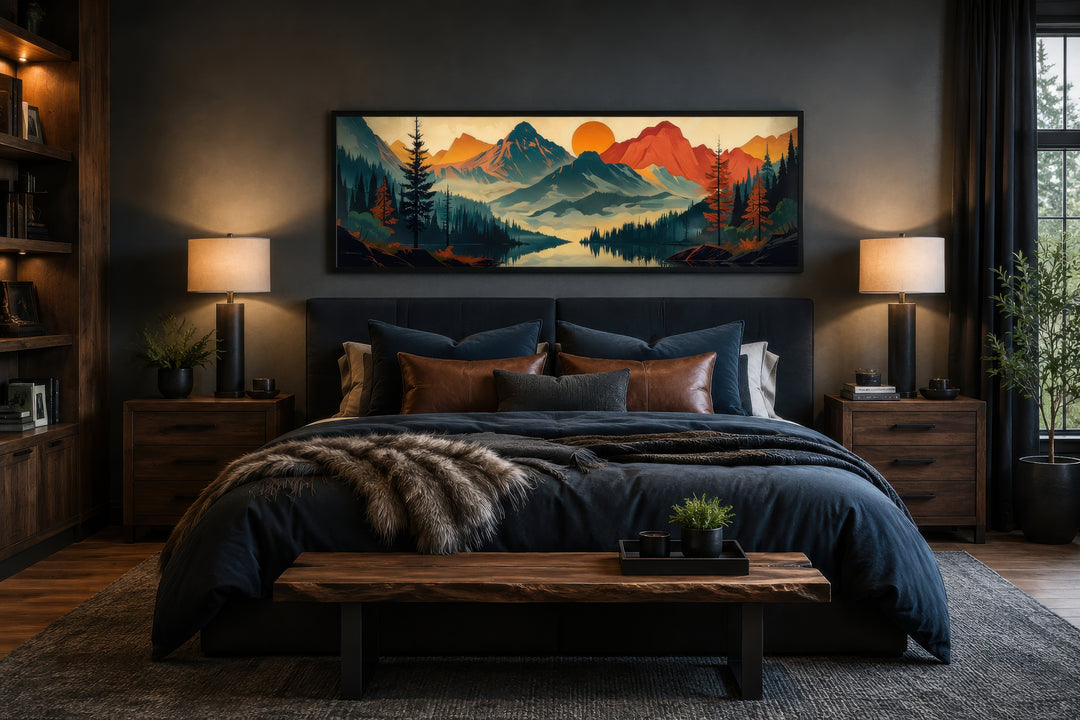 Mid-century modern horizontal canvas art of mountains, forest, and lake hanging above a dark bed.