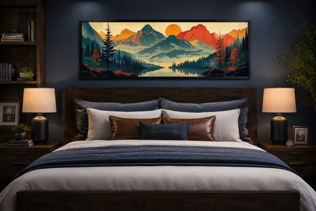 Mid-century modern horizontal canvas art of mountains, forest, and lake hanging above a dark bed.