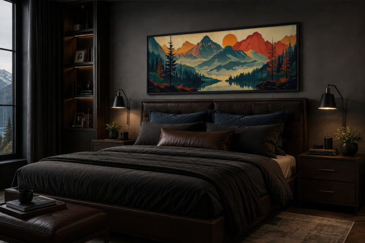 Mid-century modern horizontal canvas art of mountains, forest, and lake above a dark wood bed.